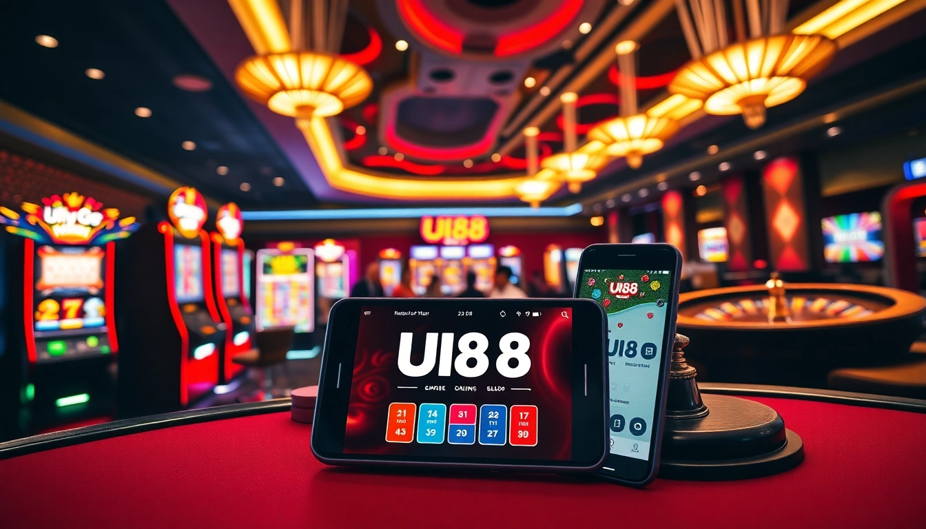 UU88 players engaging in high-stakes online gambling with vibrant casino elements.