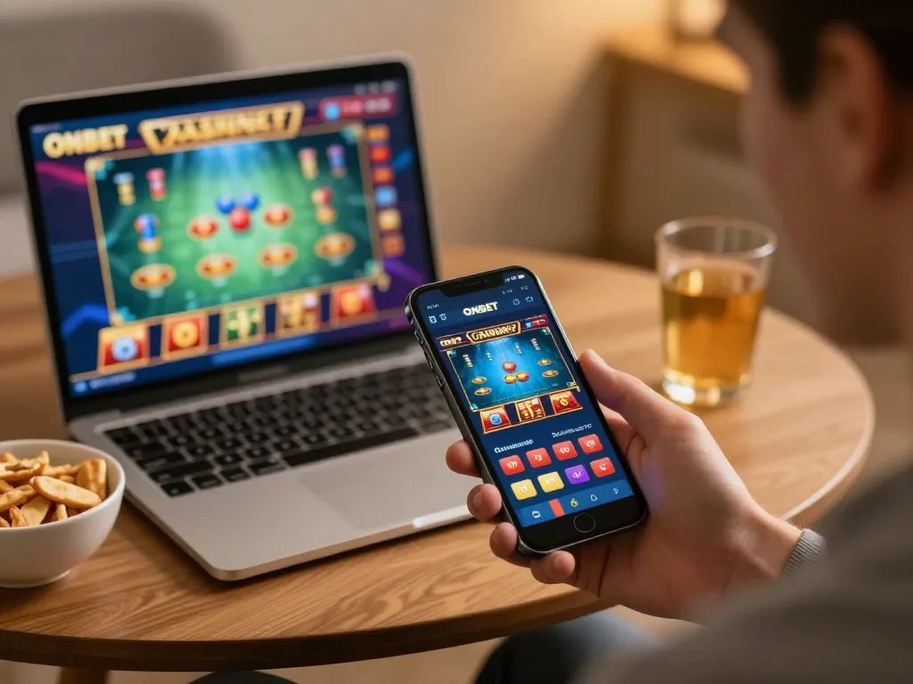 Enjoying an onbet casino app on smartphone for online gaming in a cozy home setting.
