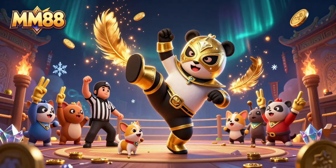 Experience thrilling highlights of MM88 with the panda wrestler, a referee, and cheering fans in a vibrant casino scene.