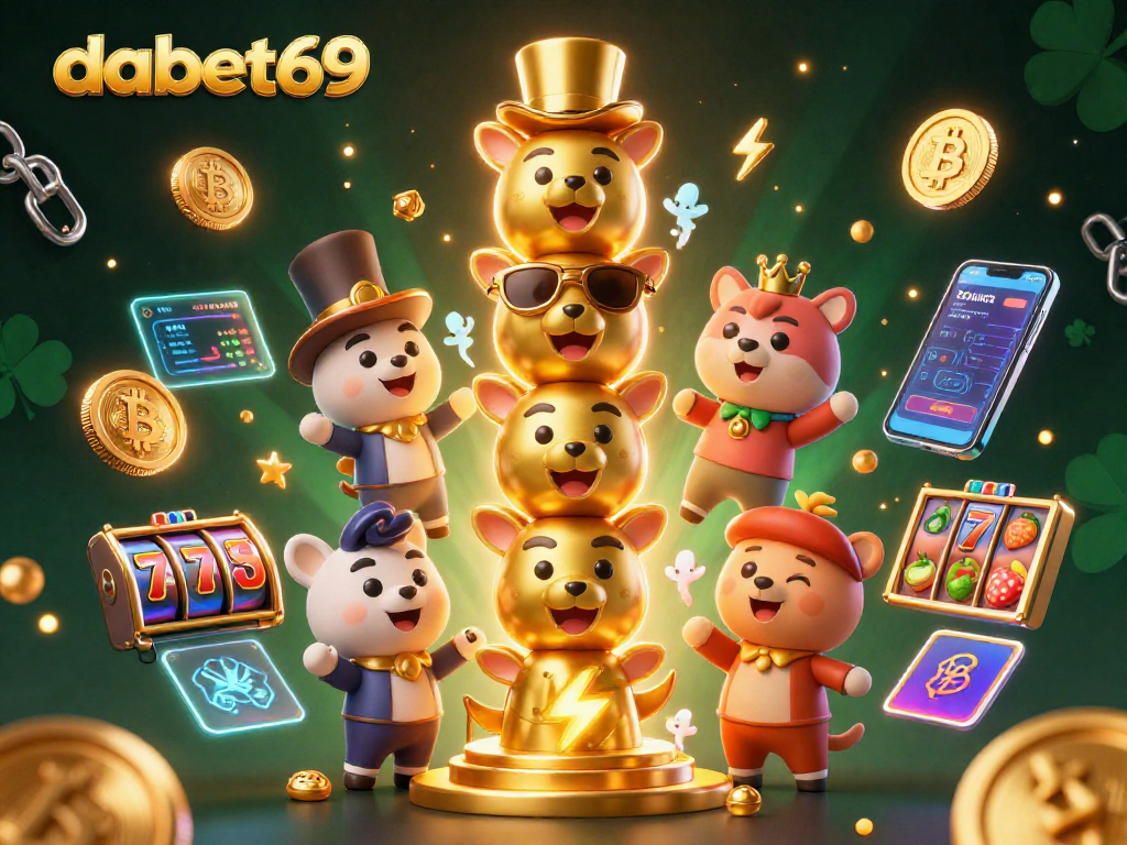 Engage with dabet69's vibrant, cinematic 3D cartoon illustration showcasing a casino-themed totem pole and crypto elements.