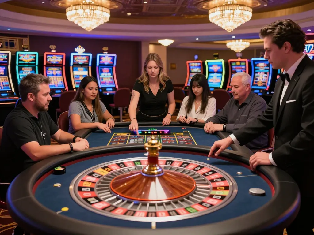 Players engage in thrilling games at okking nhà cái casino, showcasing lively roulette action and vibrant gaming atmosphere.