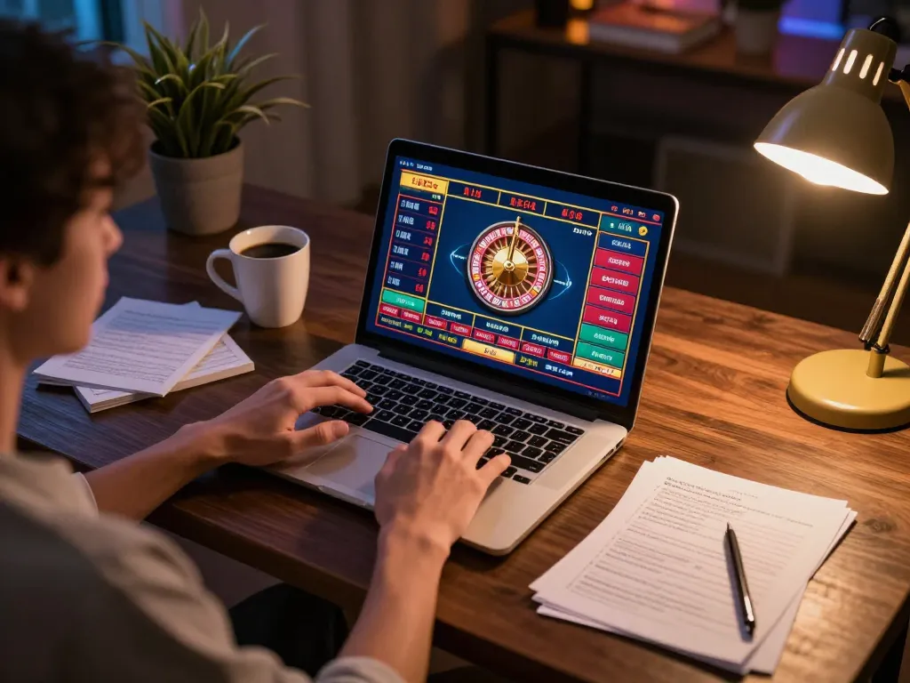 Engaging online gaming scene showcasing a player at 99ok using a laptop for roulette, enriched with strategic notes and cozy atmosphere.