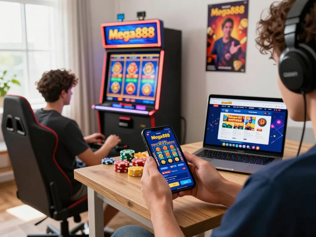Exciting scene of a gamer enjoying the Mega888 platform, featuring the download mega888 apk on a mobile device in a vibrant home gaming setup.