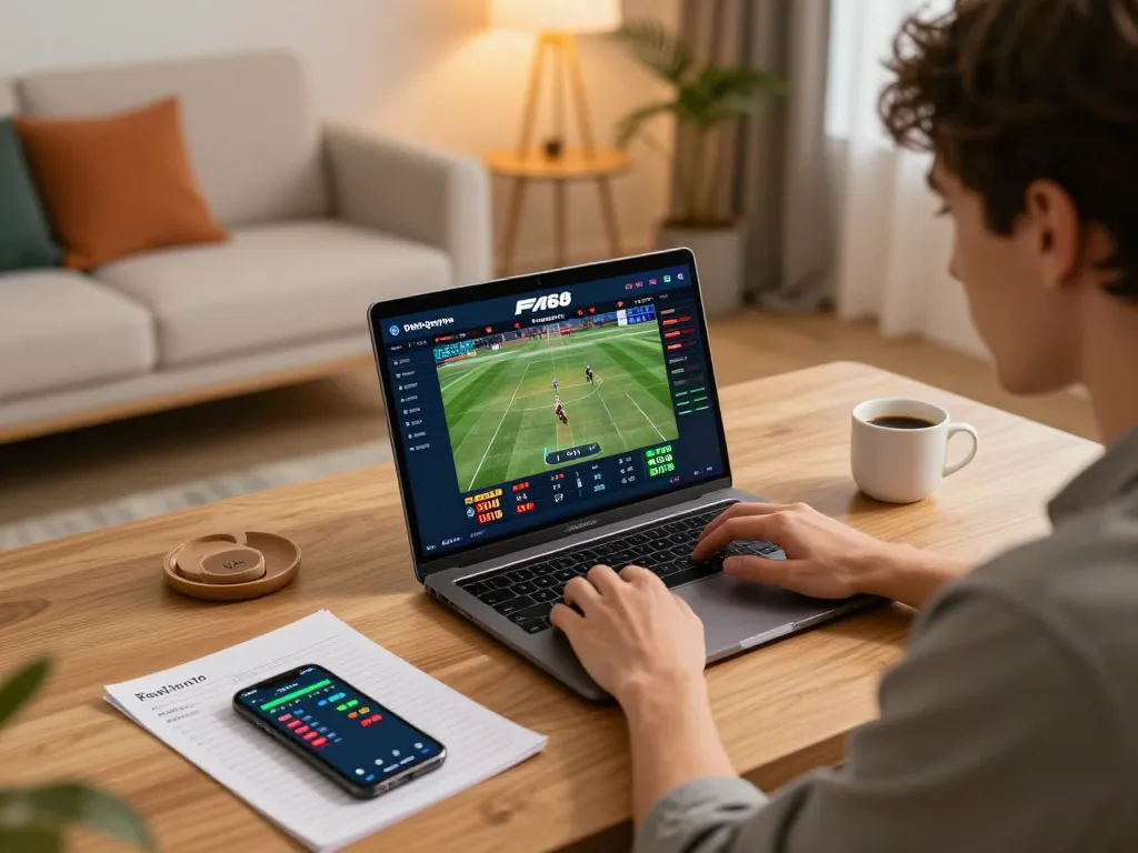 F168 user engaging in live sports betting on a laptop with mobile odds displayed.