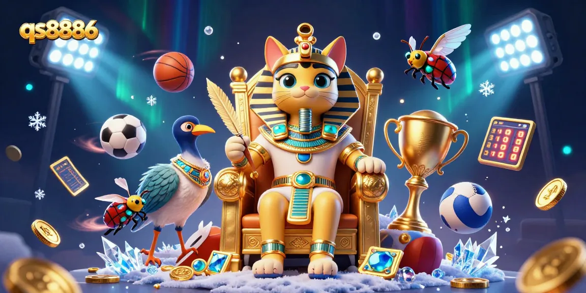 Experience gaming excitement with qs8886's dazzling 3D casino illustration showcasing vibrant sports and unique characters.