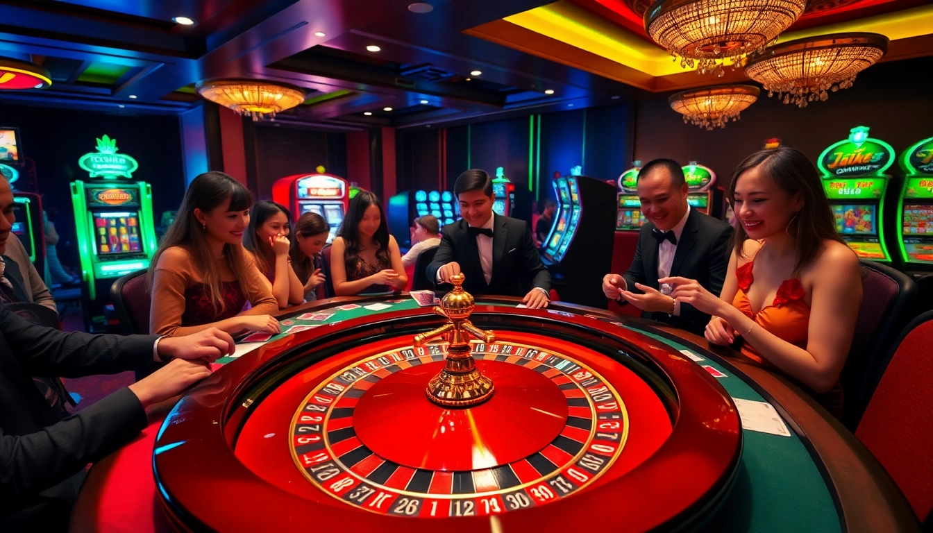 A vibrant max88 gaming table with players excitedly participating, featuring colorful chips and cards in a luxurious casino setting.
