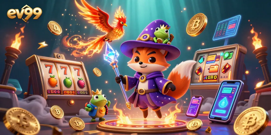 Spin the reels with ev99 as a mystical wizard fox and phoenix light the way in an exhilarating crypto casino.