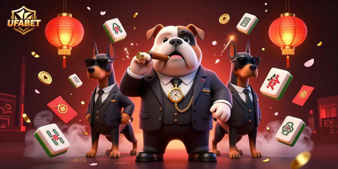 Experience the excitement of UFABET casino games with a vibrant 3D scene featuring a mafia bulldog and bodyguards.