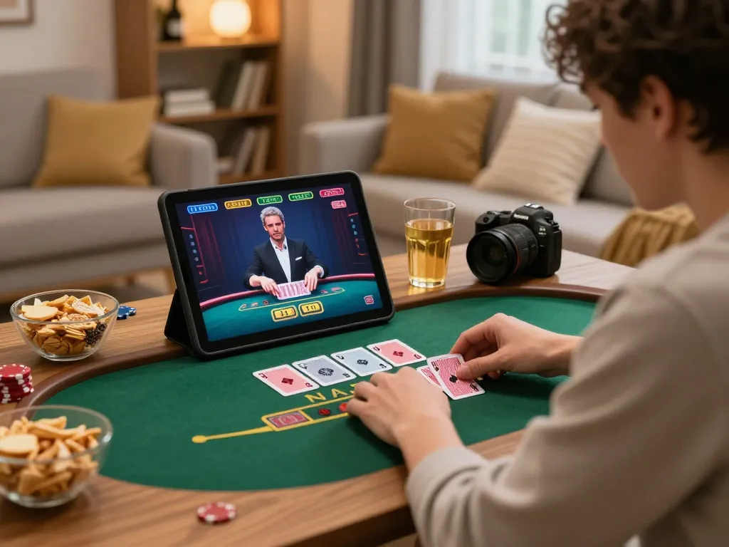 Xo88 player strategizing at home using a tablet for blackjack online gaming.