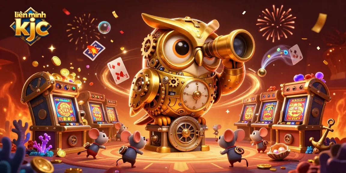 Experience the enchanting atmosphere of liên minh kjc as a golden owl oversees a vibrant casino filled with treasures and engaging games.