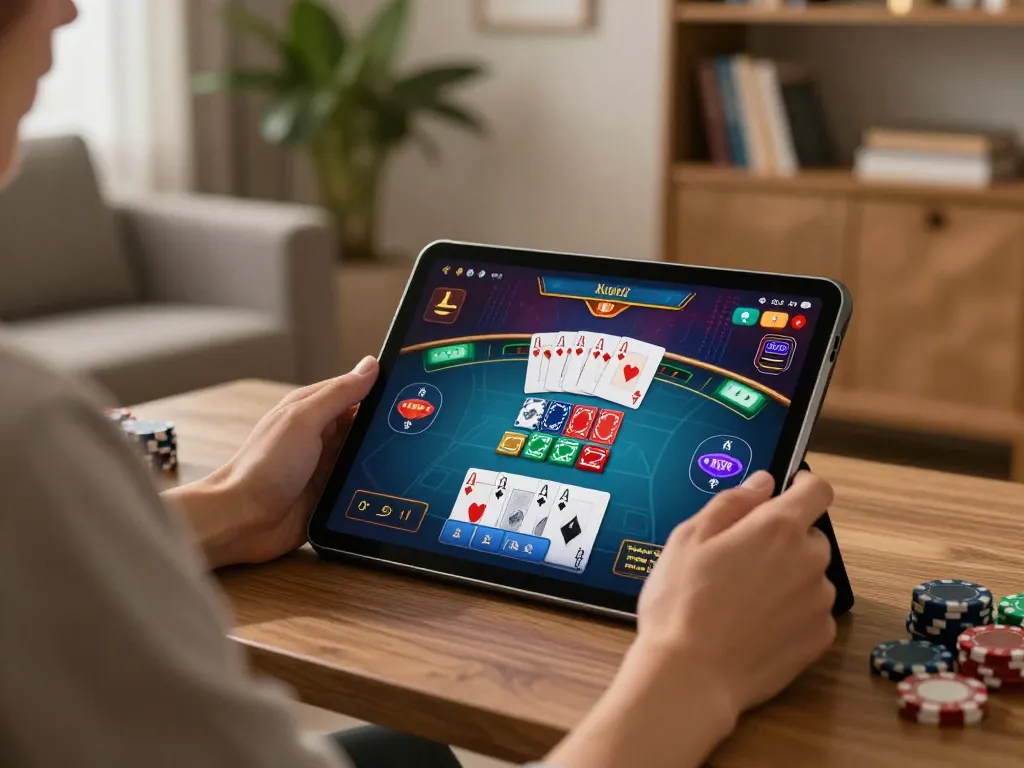 Engaging in online gaming at 78WIN with a tablet, showcasing vibrant poker gameplay.