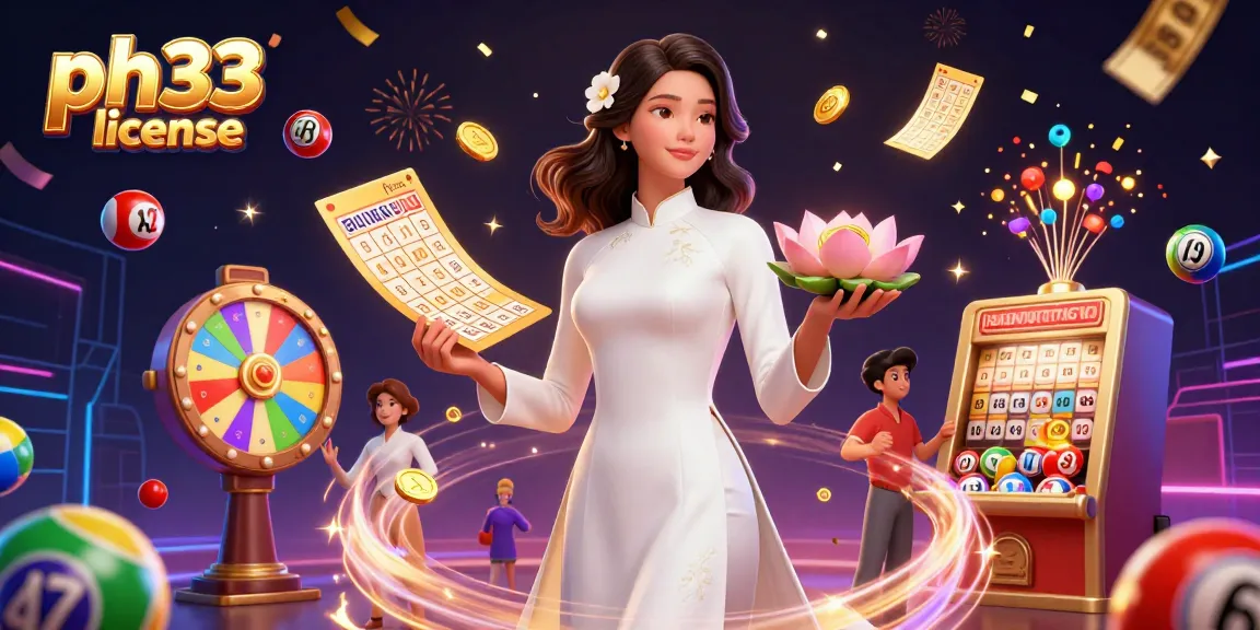 Engage with the vibrant ph33 license scene, showcasing a serene woman with symbols of luck and games.