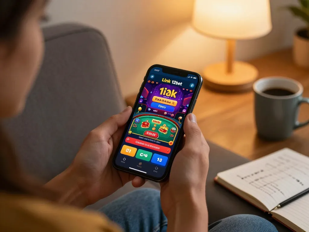 Người đang tương tác với ứng dụng Link 12bet trên điện thoại thông minh trong một không gian ấm cúng tại nhà