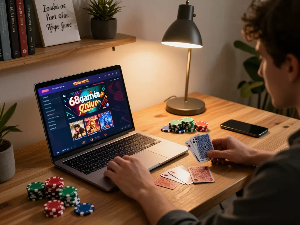 Player engaging with 68gamebaivn online casino, showcasing a vibrant gaming setup and responsible betting.