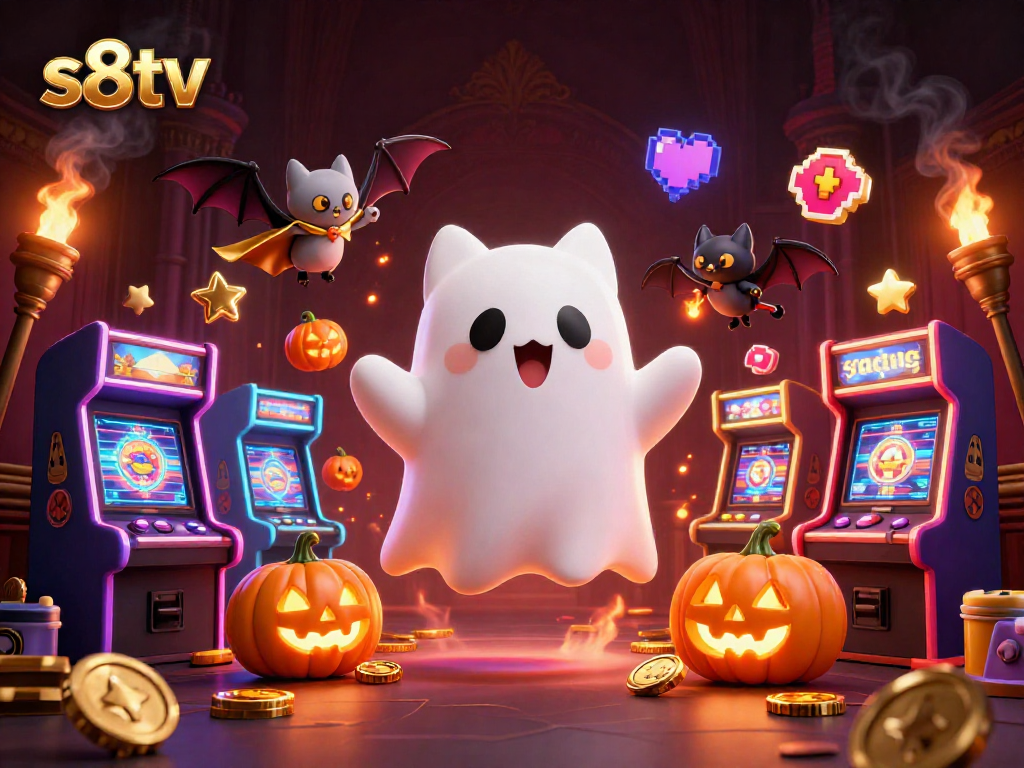 S8TV showcases a playful ghost cat and bat in a festive casino scene filled with vibrant gaming elements.