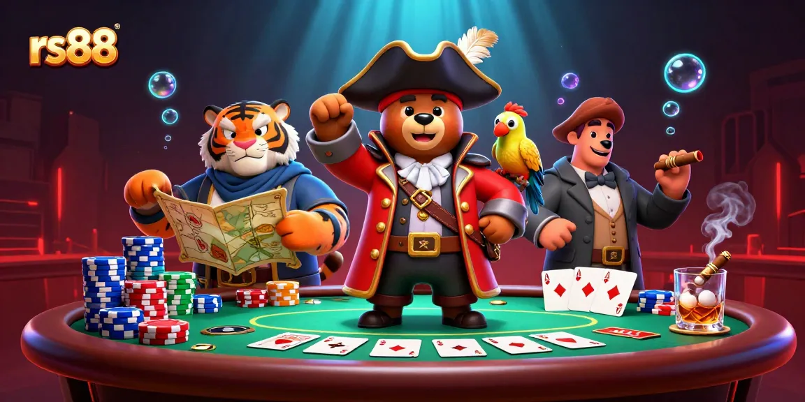 Experience thrilling poker action with rs88's vibrant scene featuring a pirate bear, tiger, and treasures!