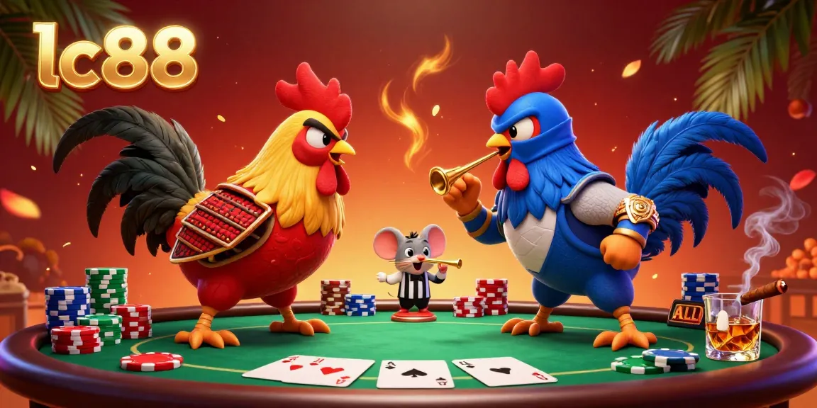 lc88 brand-themed illustration showcasing fighting roosters at a poker table, capturing gambling excitement.