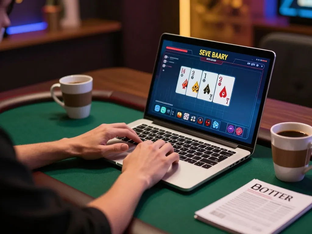 Player enjoying a poker game on 888new, analyzing cards and strategy in a warm home setting.