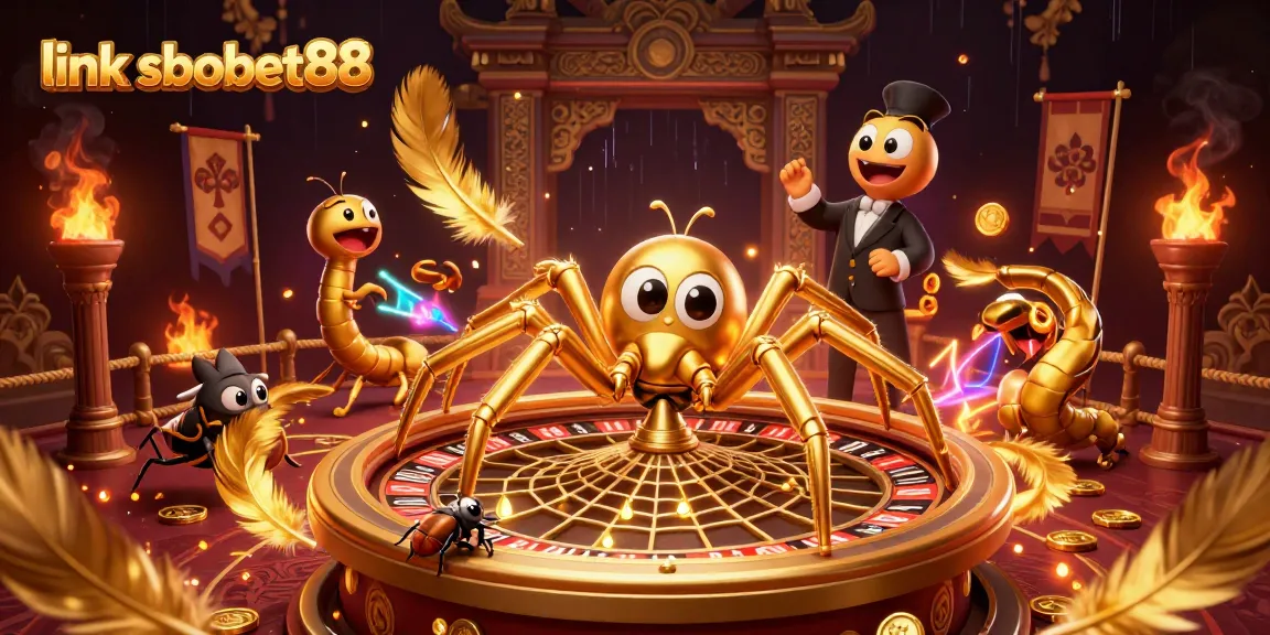 Experience the excitement of link sbobet88 with a golden spider and centipede croupier in this vibrant casino scene.