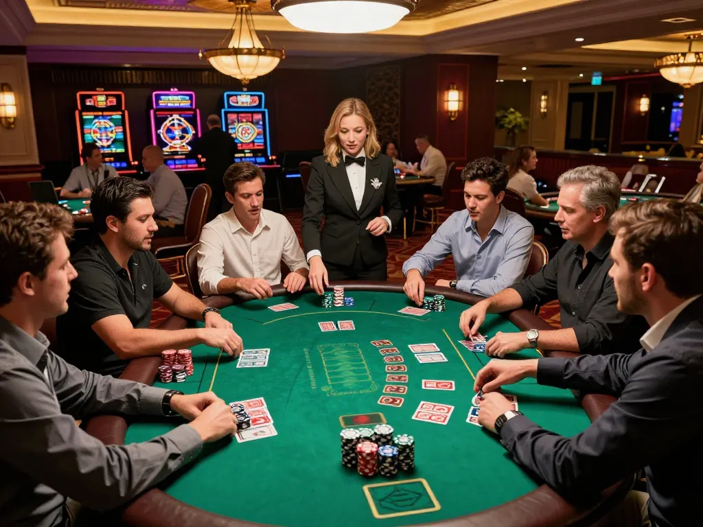 Players at https://da88at.com/ engaged in exhilarating blackjack game, showcasing dynamic casino atmosphere.