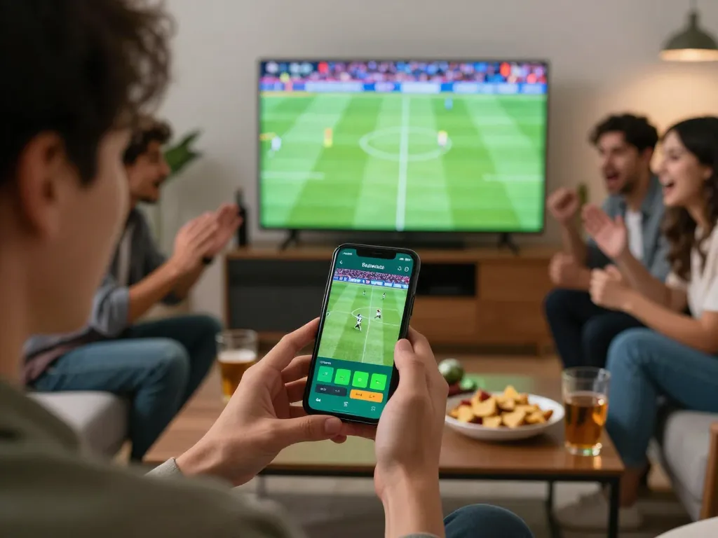 Engaged gambler using keonhacaii88 app for live sports betting excitement at home.