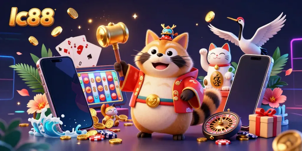 Experience thrilling games at lc88 with a vibrant 3D scene featuring a lucky tanuki and fortune cats.