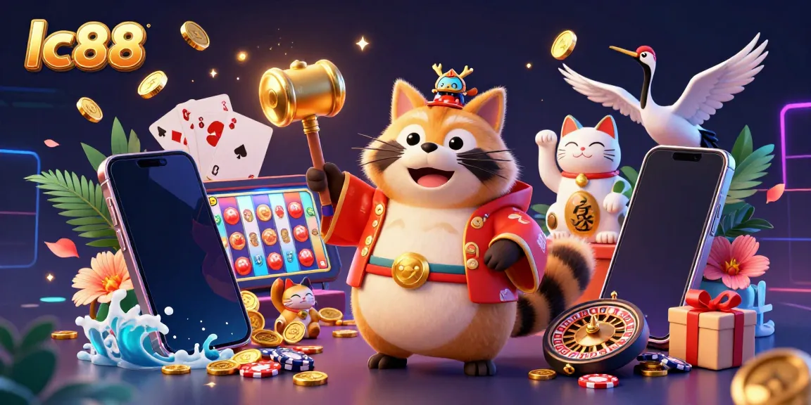 Experience thrilling games at lc88 with a vibrant 3D scene featuring a lucky tanuki and fortune cats.