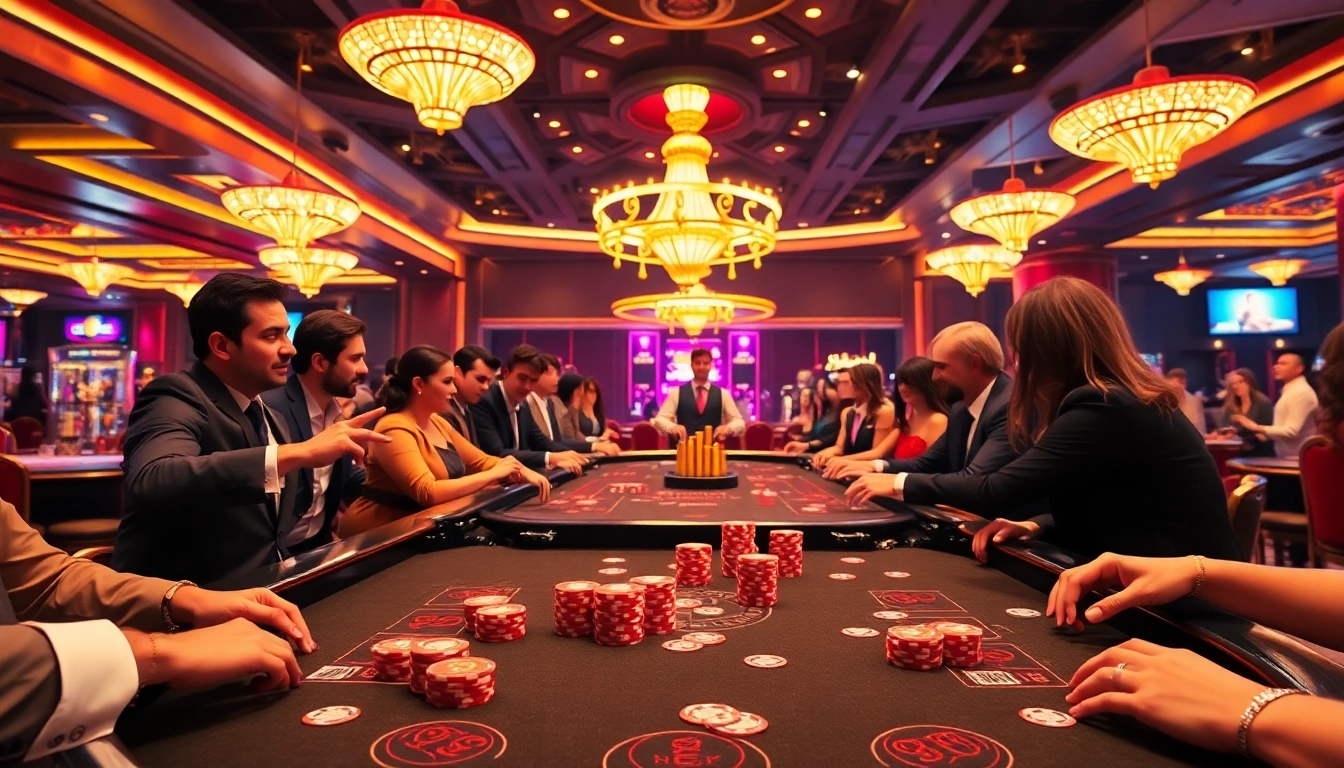 Engaging rr88 casino scene with players at a game table surrounded by vibrant lights and chips.