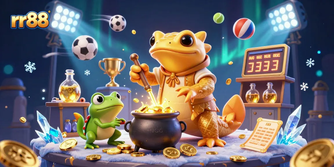 Experience thrilling games at rr88 with gold coins and dynamic sports elements in a vibrant casino scene.