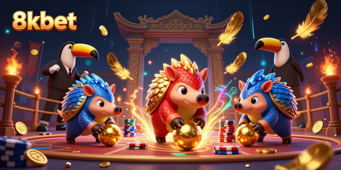 Experience thrilling gaming action with rival pangolins at 8kbet amid gold coins and confetti.