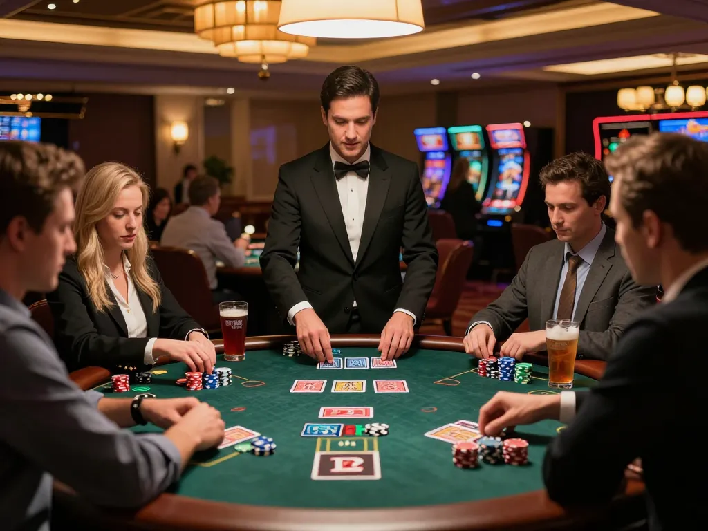 Players strategizing at sc88 blackjack table in upscale casino, vibrant atmosphere