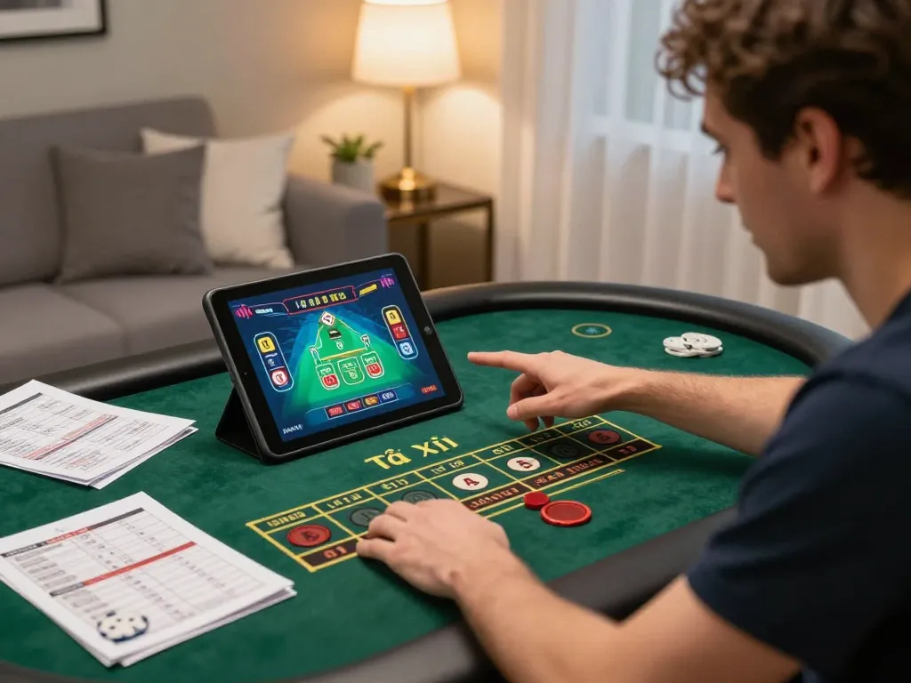 Tài Xỉu online gameplay scene featuring a focused player analyzing outcomes on a tablet in a cozy home.
