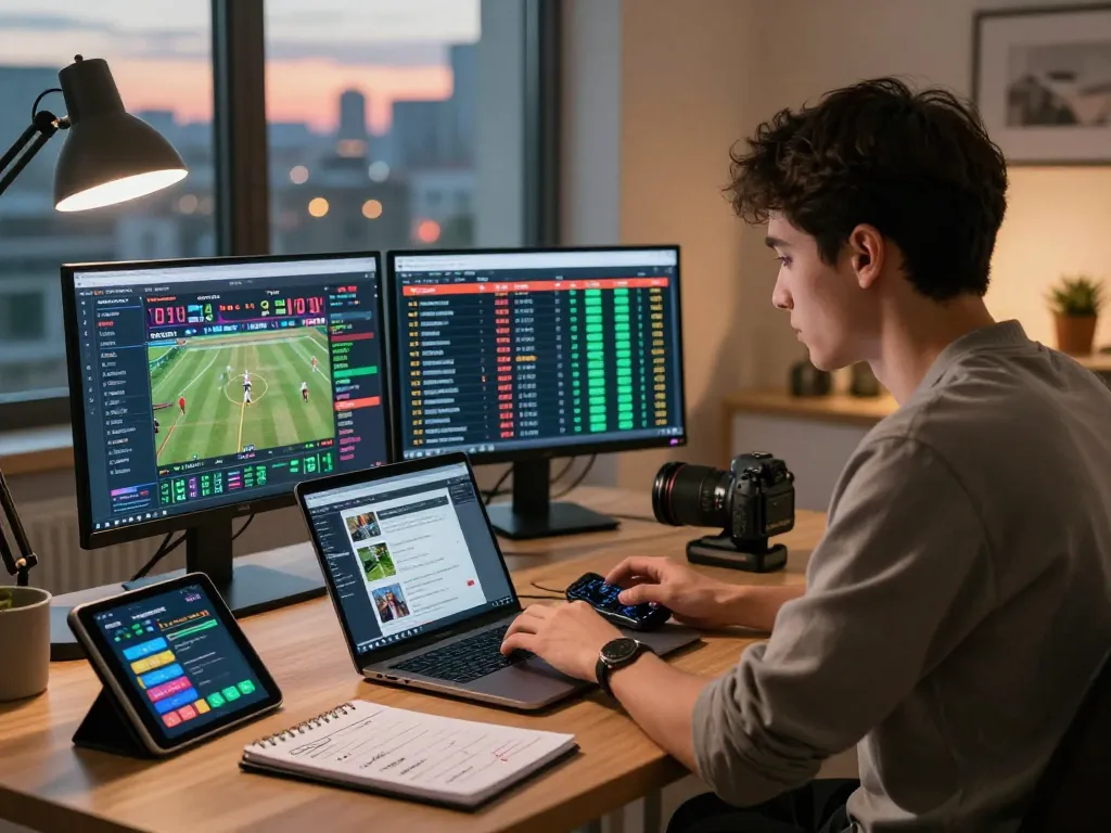 Tỷ lệ kèo nhà cái analysis in a modern home office with multiple screens.