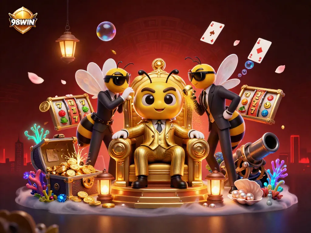 Engage in thrilling games at 98WIN, featuring colorful slot reels and dynamic characters.