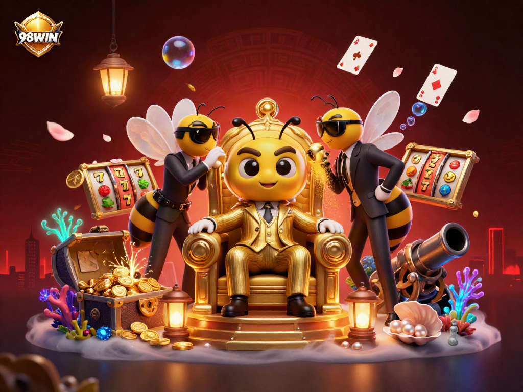 Engage in thrilling games at 98WIN, featuring colorful slot reels and dynamic characters.