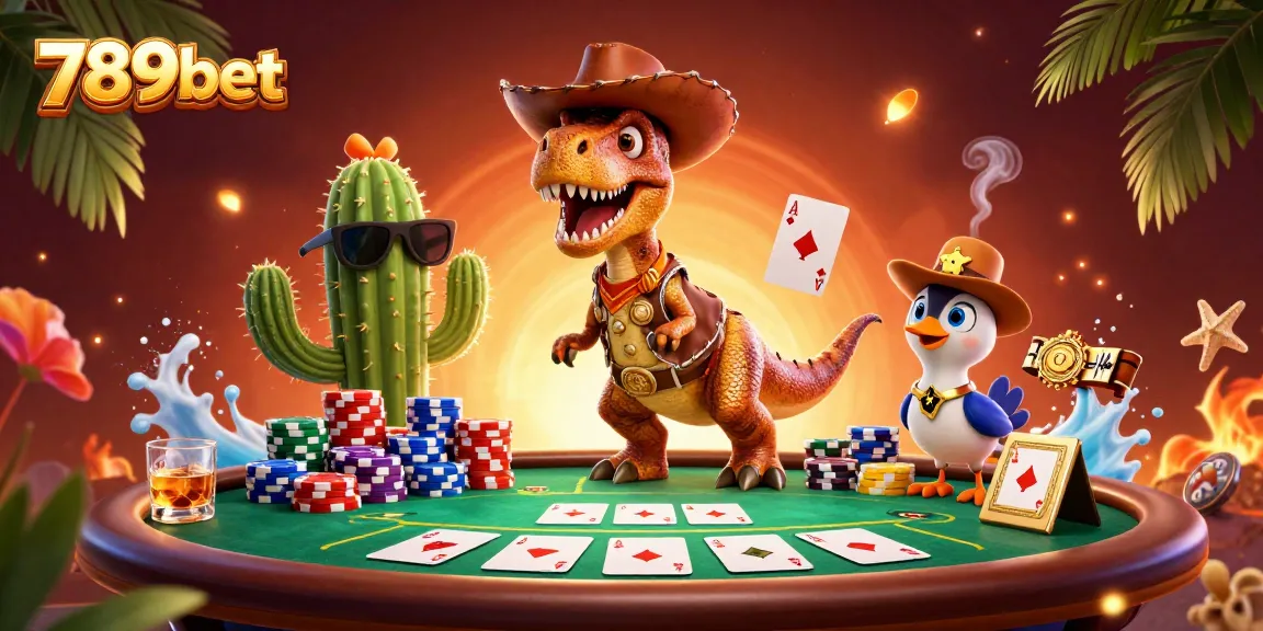 Engage in thrilling poker action with the 789bet characters in a vibrant 3D casino setting.