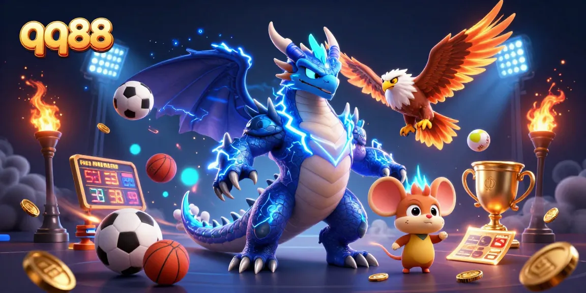 Experience the thrill with qq88 in this vibrant and dynamic 3D casino illustration with lightning and sports elements.