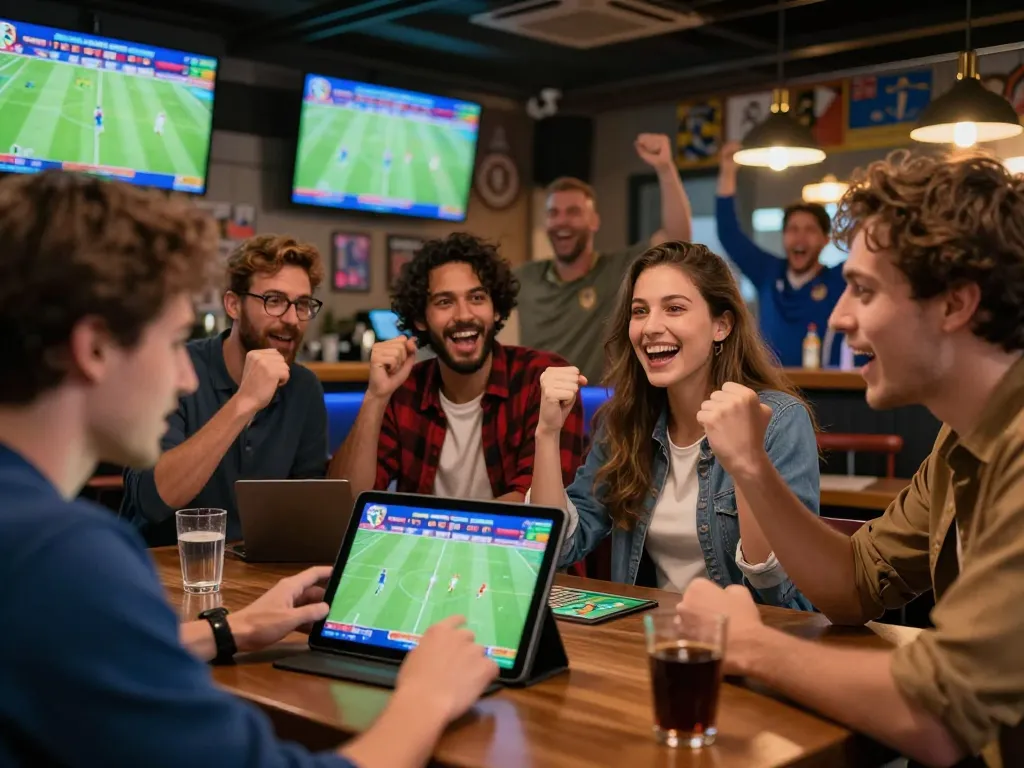 Engaging scene of sports fans actively betting on trực tiếp bóng đá euro matches with excitement and camaraderie.