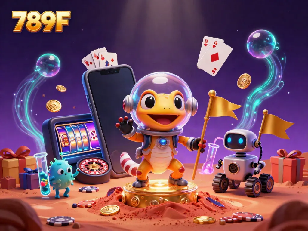 Explore the vibrant chaos of 789F's online casino world, with a Martian gecko and dynamic casino elements.