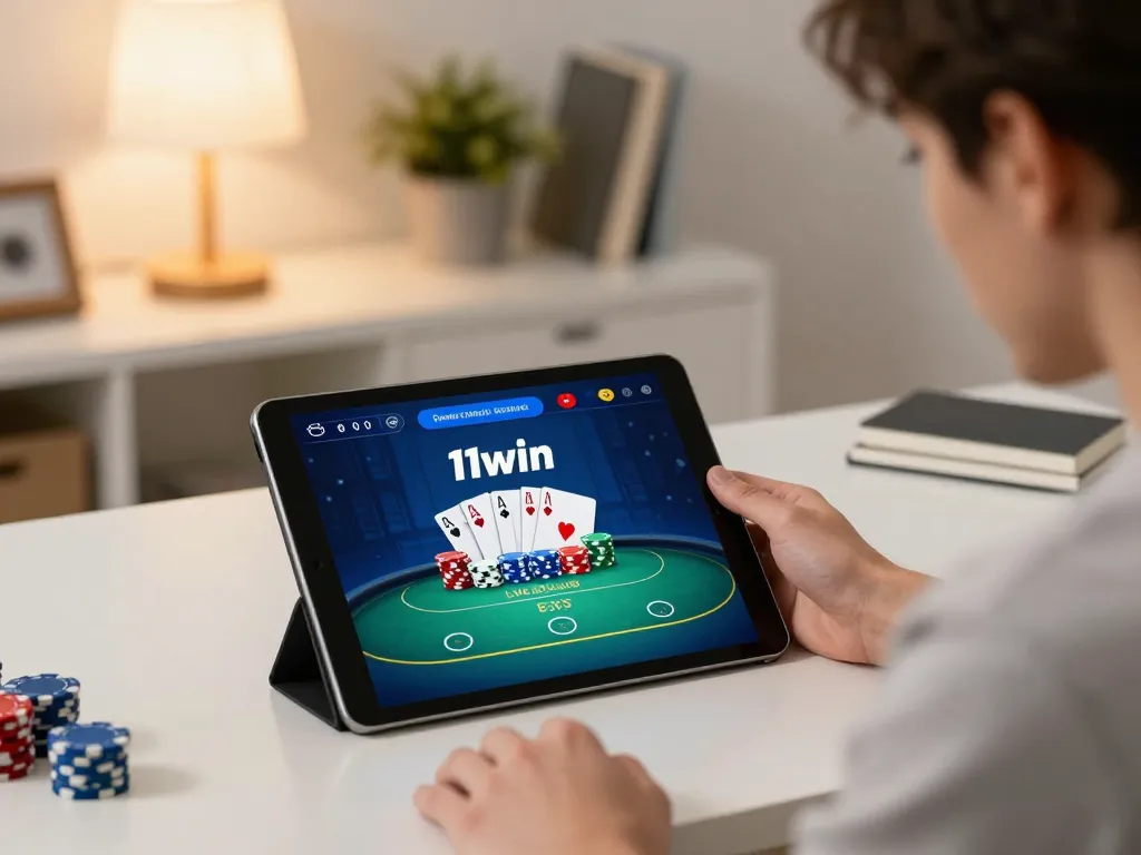 Player engages strategy in live poker game on 11win’s casino app at home.