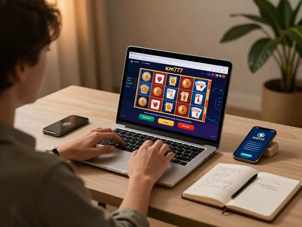 Engaging moment of a player exploring km777 online casino games on a laptop, emphasizing responsible gambling.