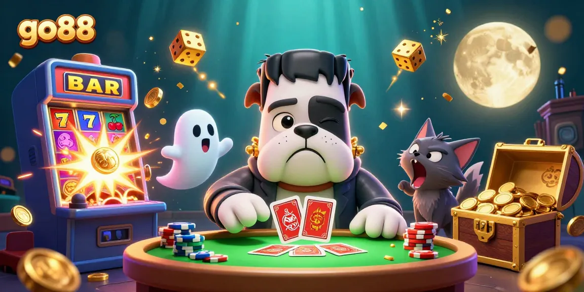 Experience thrilling gameplay at go88 with a spooky scene featuring unique gambling characters and elements.