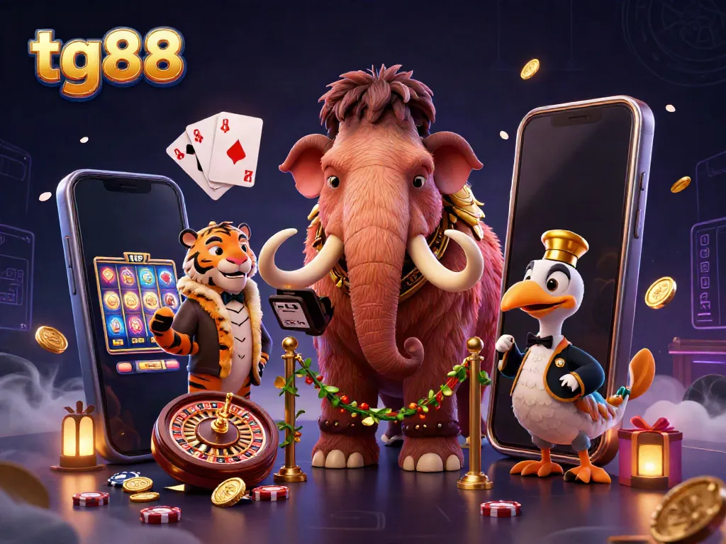 Experience the thrill of betting at tg88 with a vivid scene of cartoon characters at a casino door.