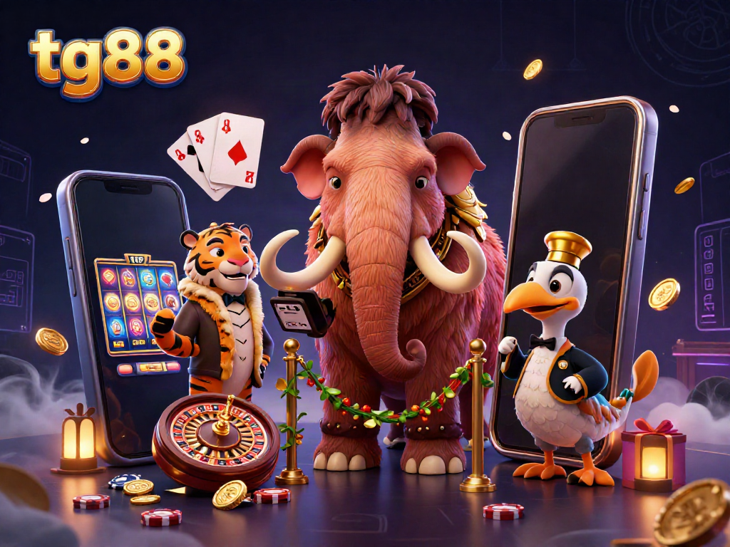 Experience the thrill of betting at tg88 with a vivid scene of cartoon characters at a casino door.
