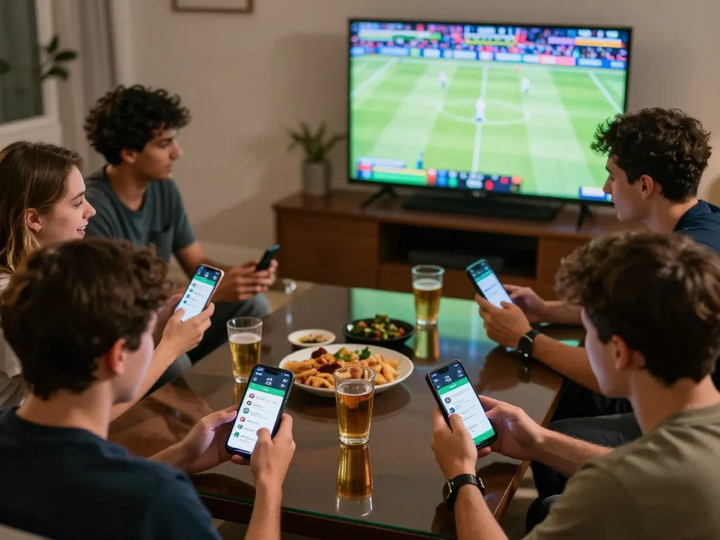 Friends enjoying sports betting on O8 app while watching live game on TV