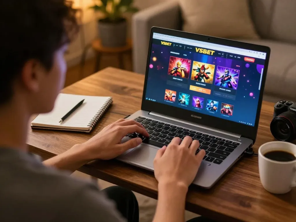 Engaged player enjoying vsbet's online casino gaming from a cozy home setup with warm ambiance.