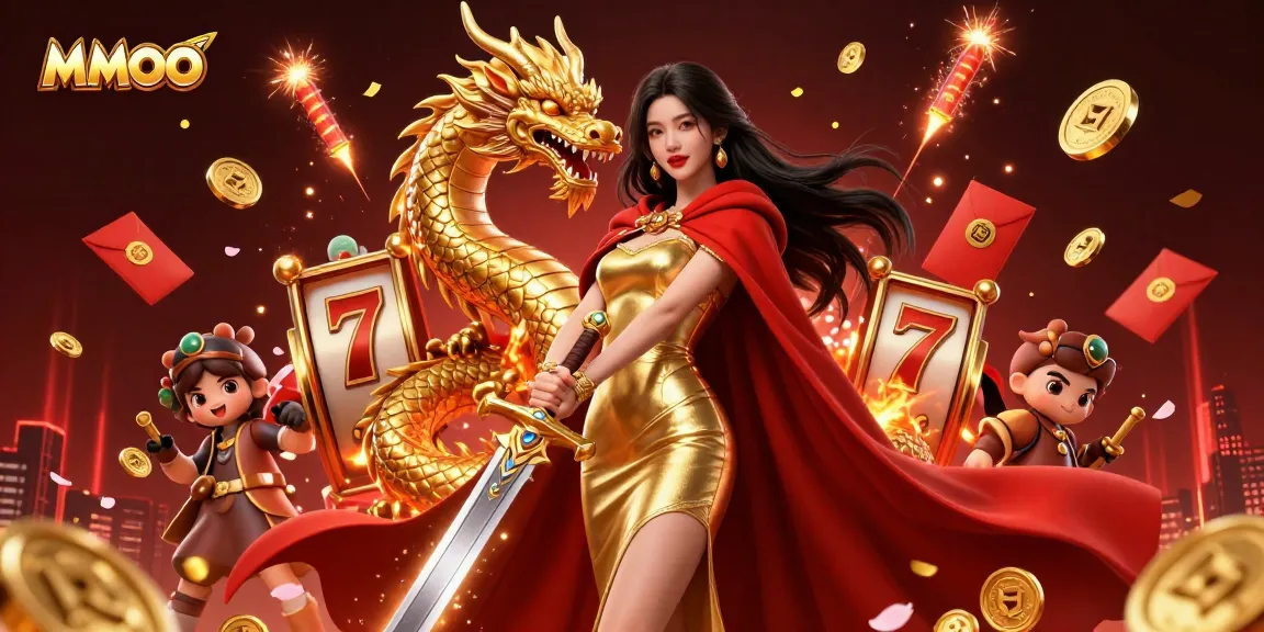 Experience thrilling gameplay with MMOO in this vibrant casino scene featuring slot reels and golden dragons.