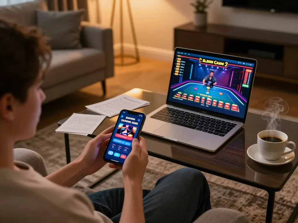 Player engaging with Sunwin mobile app for a strategic gaming experience at home