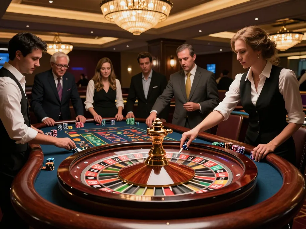 Players engaging with sunwin roulette wheel at elegant casino table, vibrant colors and excitement