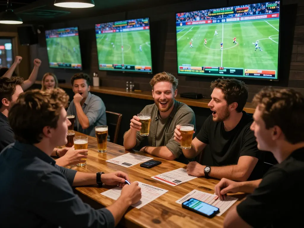 Good88 players celebrating strategic sports betting in a vibrant sports bar atmosphere